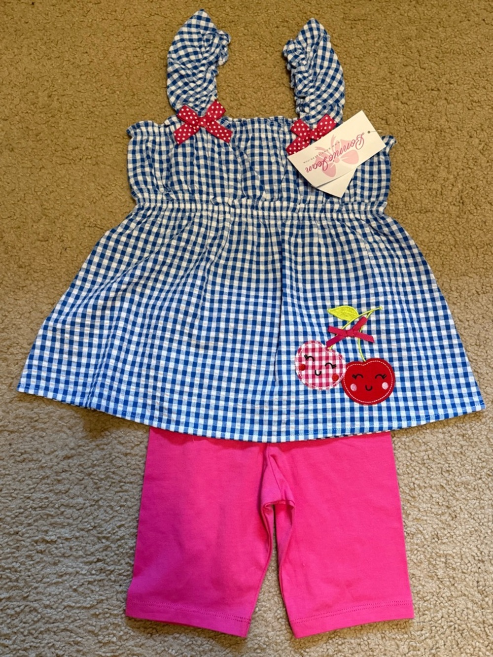 Bonnie Jean Blue Gingham Tunic with Red Polka Dot Bows with Pink Shorts